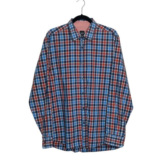 Hugo Boss Blue Red Cotton Check Long Sleeves Casual Shirt size XL - Picture 8 of 10